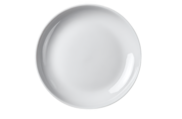 A single clean white ceramic plate with a subtle rim photographed from directly above on a black background.