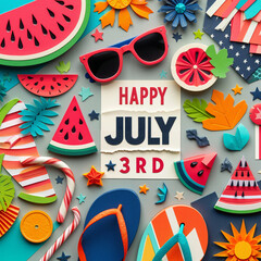 Colorful summer flat lay design celebrating July 3rd with tropical elements and playful accessories