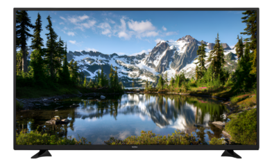 Smart TV showing a picturesque mountain lake white background