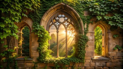 Sunlit Gothic Archway:  Ivy-Covered Stone Ruin, Serene Summer Landscape