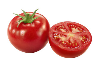 Fresh red tomato whole and sliced in half with water droplets on black background.