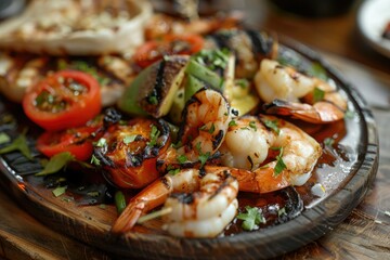 Vibrant Picture of Grilled Seafood Appetizer on Rustic Wooden Plate