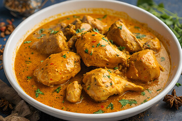 chicken curry dish served in a white bowl, showcasing a traditional homemade Middle Eastern