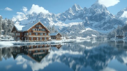 Fototapeta premium Snowy chalet by a mountain lake