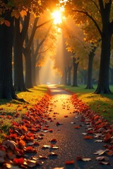 Golden Hour Sunlight on Autumn Leaves, Park Path - Peaceful End of Summer