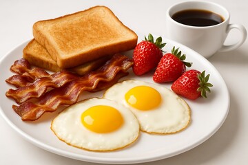 Fototapeta premium Classic breakfast plate featuring fried eggs crispy bacon toast and fresh strawberries