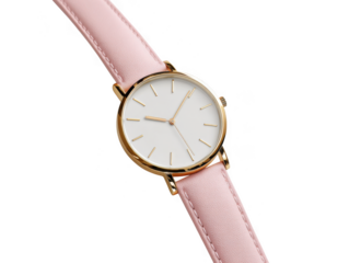 Elegant pink leather strap wristwatch isolated on transparent background