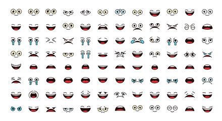 Collection of Diverse Pixel Art Character Mouth and Eye Expressions for Game Design and Animation Projects