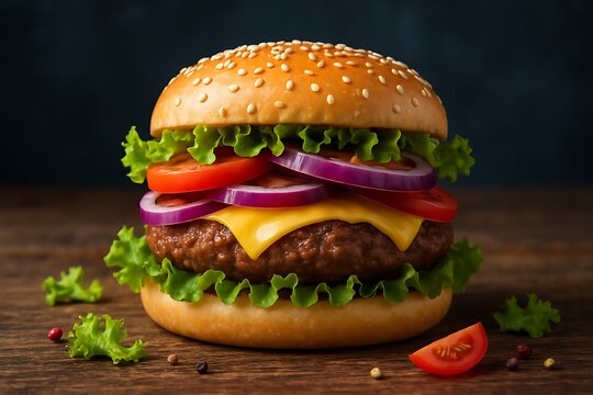 Juicy cheeseburger with fresh lettuce tomato and onion on a sesame seed bun
