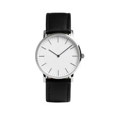 Minimalist silver watch with black leather strap isolated on transparent background