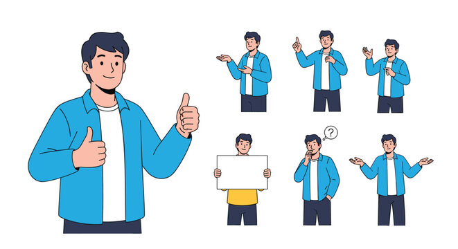 Collection of Cartoon Character Poses Demonstrating Various Emotions and Actions for Presentation and Business Use