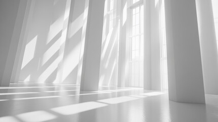 Fototapeta premium A sunlit, modern interior space with tall pillars.