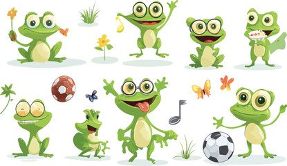Obraz premium A funny set of cute, green cartoon frog characters with big smiles and happy expressions