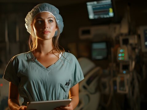 Contemporary Hospital Scene: Masked Nurse Reviewing Digital Charts in Sunlit Patient Room