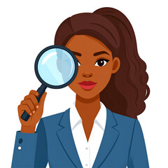 Businesswoman with Magnifying Glass: A focused and determined Black businesswoman examines details through a magnifying glass, symbolizing meticulousness and attention to detail in business.
