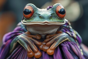 Close-up of a tree frog with striking red eyes on purple leaves