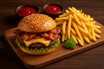 Delicious bacon cheeseburger with golden french fries and ketchup on a wooden board