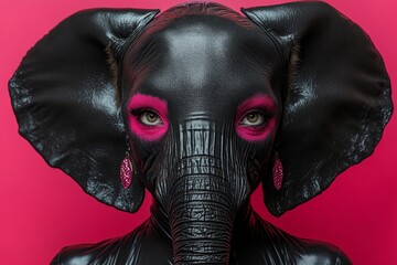 Fashion model wearing an elephant mask with pink eyeshadow and fuchsia earrings poses against a vibrant pink backdrop