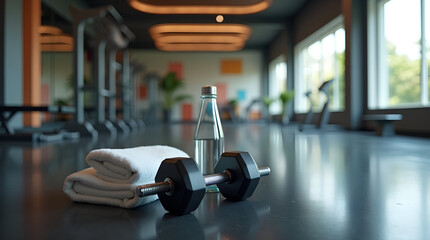 Modern Gym Interior Dumbbells, Towel, and Water Bottle