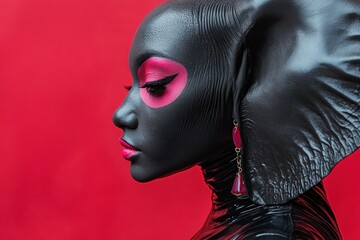 Profile of a fashion model showcasing avant-garde style with futuristic black latex headwear, pink makeup, and elegant earrings against a vibrant red backdrop