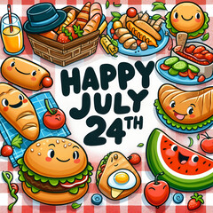 Playful picnic food design celebrating July 24th with cheerful characters and a festive layout