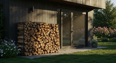 Stack of firewood next to a modern house entrance with a garden