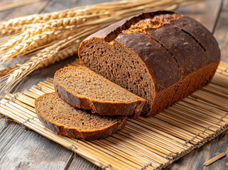 A freshly baked loaf of brown bread, rests on a bamboo mat alongside wheat stalks, highlighting its rustic appeal.