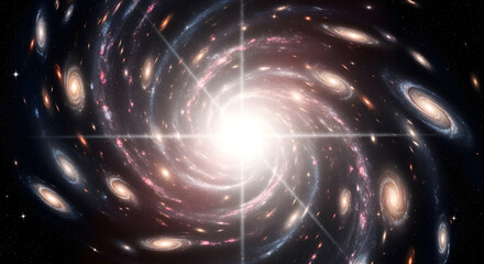 A swirling galaxy with a bright center, surrounded by other galaxies in space.