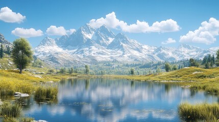 Fototapeta premium Sunny alpine lake, snow-capped peaks