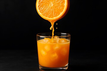 Fresh orange juice being squeezed into a glass with ice