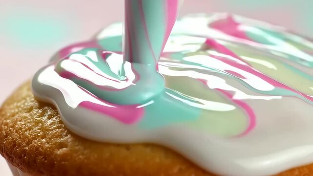 Bright, colorful icing with swirling pink, blue, and white patterns being expertly applied onto a golden cupcake