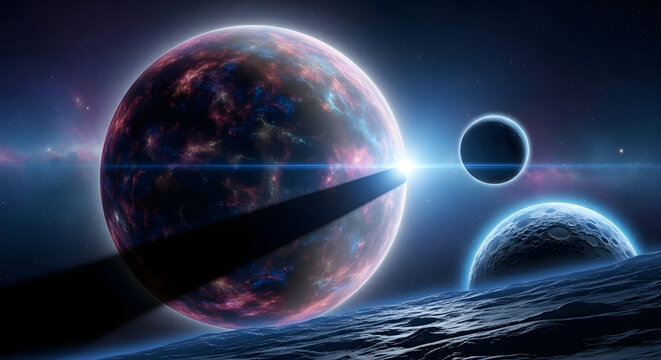 A digital rendering of three planets in space, with light flares and cosmic textures.