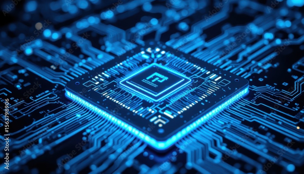 Poster abstract representation of a glowing microchip on a circuit board