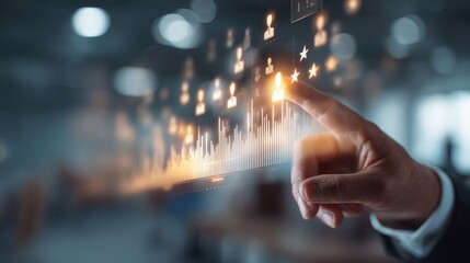 Business Hand Interacting with Digital Graph and Social Media Icons Overlay