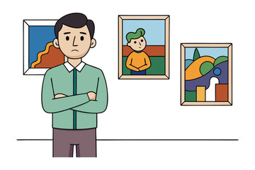 A sad man standing in an art gallery looking at abstract paintings on the wall