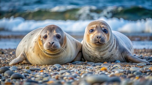 Two adorable harbor seals resting on a pebbly beach near the ocean waves