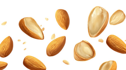 Raw whole almonds with natural texture and brown shells isolated on white background