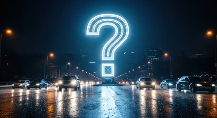 A giant neon question mark illuminates a rainy city street at night with cars driving by