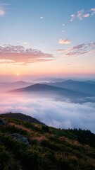 Serene Pastel Sunrise Over Misty Mountain Range