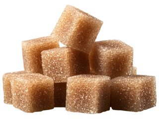 A pile of brown sugar cubes stacked in a pyramid formation isolated on transparent background