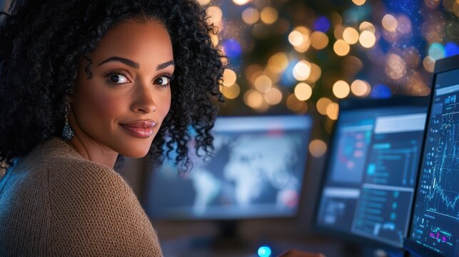 Smart Business woman: An elegant woman of color, with an intelligent gaze, working diligently at a computer, showcasing the modern workplace.