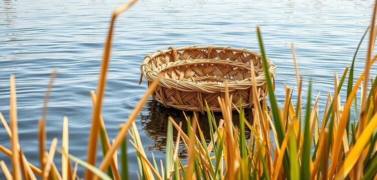 Reed basket afloat on Nile River, papyrus reeds in foreground,  Miriam,  protection