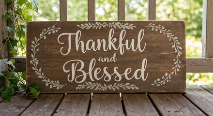 A decorative wooden sign saying "Thankful and Blessed" with a cheerful and warm atmosphere  