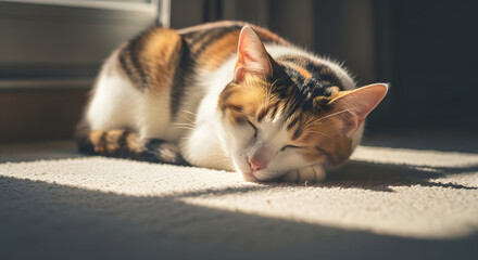A calico cat peacefully sleeps curled up on a beige carpet, bathed in warm sunlight streaming through a nearby window.