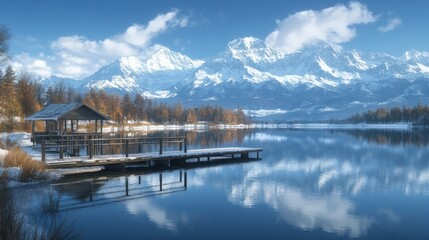 Tranquil alpine lake with snowy peaks, wooden dock, and gazebo