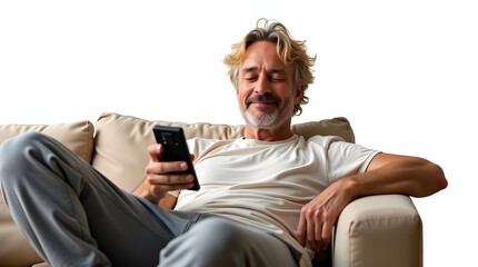 Relaxed Adult Reclining with TV Remote – Lazy Day Mood on White Background
