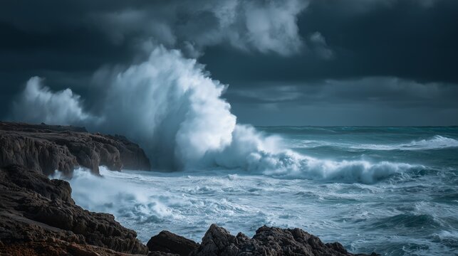towering storm waves crashing on coastal cliffs under dark dramatic skies
