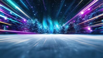 Obraz premium Neon Winter Wonderland: A surreal winter landscape unfolds, where vibrant neon lights streak across a snow-covered path, illuminating icy trees and a mesmerizing aurora borealis.