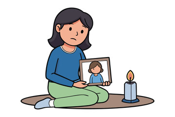 A sad person holds a photograph of another person next to a lit candle evoking feelings of remembrance and loss