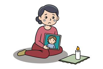 A sad woman mourns a lost child holding a photograph next to a lit candle on a white background